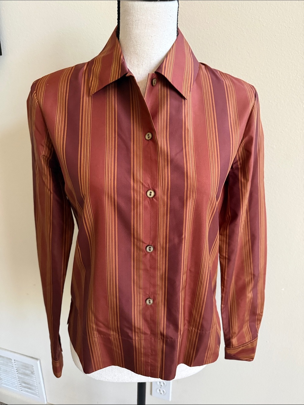 Rena Rowan Women's Button-Down Shirt in Rust and Gold Stripe